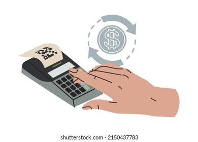 Composition with cash register, money symbol and human hand. Money turnover, non-cash payment, shopping, purchases. Issuance of a sales receipt. Flat style in vector illustration. Isolated elements.