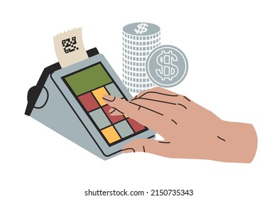 Composition with cash register, money symbol and human hand. Money turnover, non-cash payment, shopping, purchases. Issuance of a sales receipt. Flat style in vector illustration. Isolated elements.