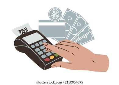 Composition with cash register, money symbol and human hand. Money turnover, non-cash payment, shopping, purchases. Issuance of a sales receipt. Flat style in vector illustration. Isolated elements.