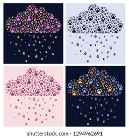 The composition of the cat and dog tracks of different colors in different sizes.
Abstract air vector illustration.
Icons of cat and dog tracks are formed into a cloud figure. Imitation of rain.