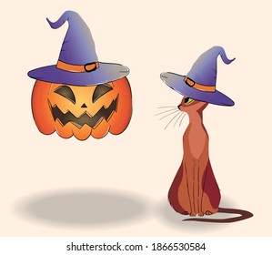 Composition of a cat and a floating jack-o-lantern in hats. Vector