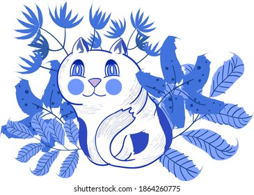 Composition of a cat sitting with various leaves and flowers behind his back. Vector