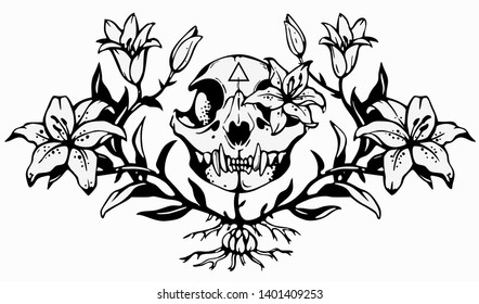 The composition of the cat's skull and lily flowers