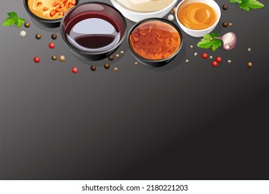 composition in ceramic saucers of different sauces and spices. peppercorns, coriander, parsley, ketchup, mayonnaise, soy sauce, plum, sweet and sour, spicy, sauce with finely chopped herbs. Herbs