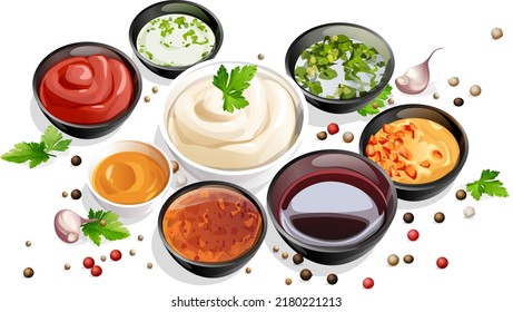 composition in ceramic saucers of different sauces and spices. peppercorns, coriander, parsley, ketchup, mayonnaise, soy sauce, plum, sweet and sour, spicy, sauce with finely chopped herbs. Herbs