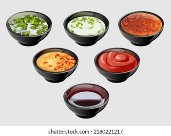 composition in ceramic saucers of different sauces and spices. peppercorns, coriander, parsley, ketchup, mayonnaise, soy sauce, plum, sweet and sour, spicy, sauce with finely chopped herbs. Herbs