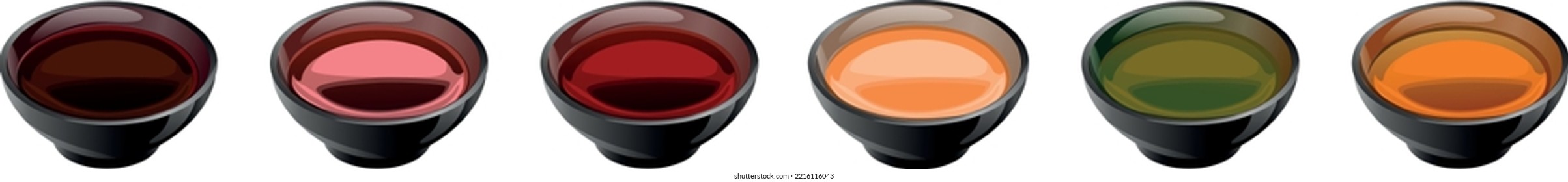 composition in ceramic saucers of different sauces and spices. peppercorns, coriander, parsley, ketchup, mayonnaise, soy sauce, plum, sweet and sour, spicy, sauce with finely chopped herbs. Herbs