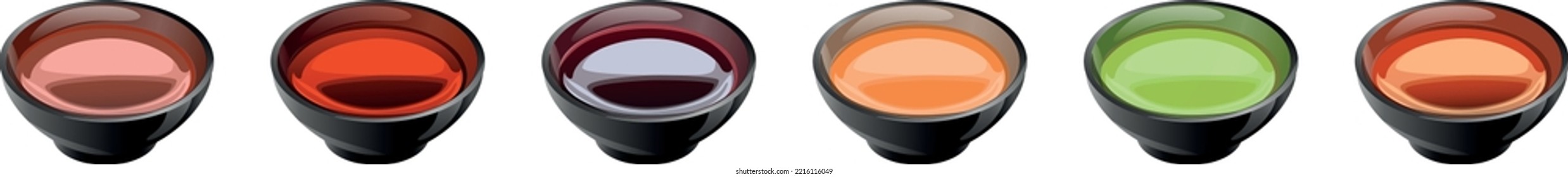 composition in ceramic saucers of different sauces and spices. peppercorns, coriander, parsley, ketchup, mayonnaise, soy sauce, plum, sweet and sour, spicy, sauce with finely chopped herbs. Herbs