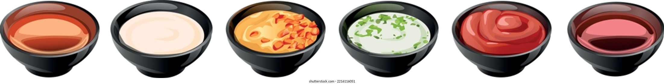 composition in ceramic saucers of different sauces and spices. peppercorns, coriander, parsley, ketchup, mayonnaise, soy sauce, plum, sweet and sour, spicy, sauce with finely chopped herbs. Herbs