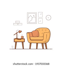 composition of a chair with a lamp and a flower. sofa with side table. Vector flat illustration.