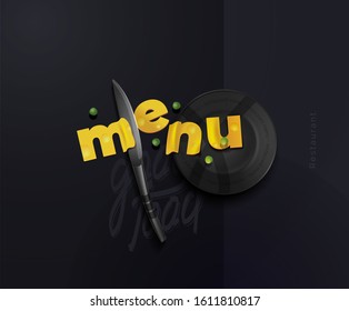 A composition of cheese slices in the form of letters of a steel knife and a plate. Modern poster for the restaurant. Conceptual menu for a restaurant, cafe. Vector illustration of a top view.