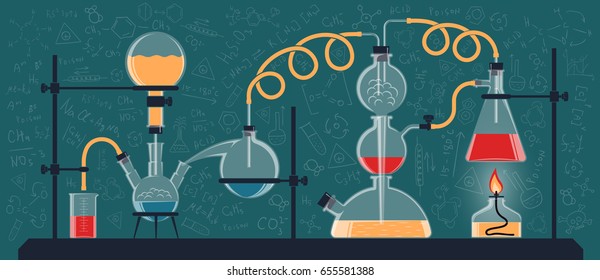 A composition of chemical flasks and devices in a scientific laboratory. Vector color illustration. Possible reconfiguration.