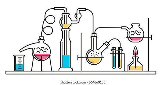 Composición de frascos químicos y mangueras en un laboratorio científico. Ilustración de color vectorial en un estilo de línea. Posible reconfiguración.