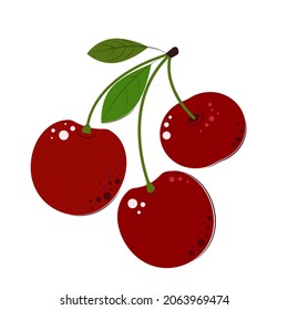Composition of Cherry Berry Whole and Cut One. Ripe juicy Berries with Green Leaves. Cherry for jam and dessert. Flat style Vector Illustration.