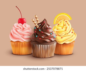 Composition with cherry, chocolate and lemon cupcakes. Vector illustration.