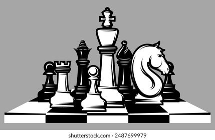 A composition of chess pieces randomly placed on a board. Template for design, set of elements.