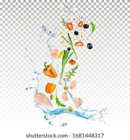 Composition of chicken, bell peppers, green onions, olives, quail eggs, arugula and spices scorching in a splash of water. Vector illustration.