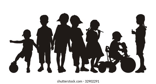 Composition from children's silhouettes. On a white background silhouettes of boys and girls are located. One boy sits on a bicycle.