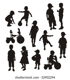 Composition from children's silhouettes. On a white background silhouettes of boys and girls are located. One boy sits on a bicycle.