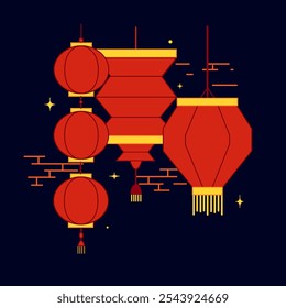 Composición de las linternas de papel rojo del Año Nuevo chino. Iluminación de color rojo brillante. Diferentes formas. Vector ilustración de dibujos animados aislados sobre un fondo oscuro.
