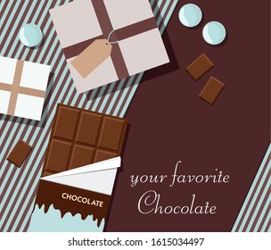 Composition with chocolate and gifts. Top view.  Vector Illustration. 