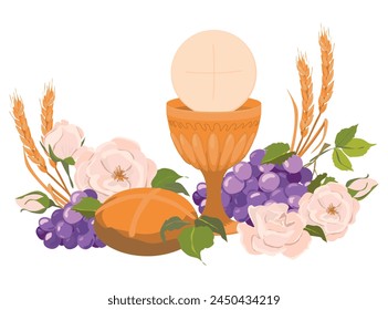 Composition of Christian symbols, attributes of the first communion. Golden bowl for wine, bread, wine, grapes, white roses in flat style. Design elements for an invitation to the Holy Eucharist.