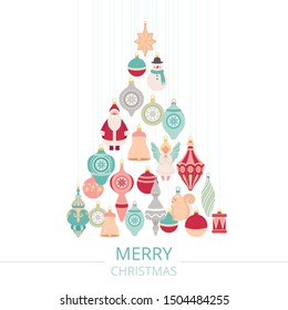 Composition of Christmas balls and toys hung in the shape of a Christmas tree. Holiday poster with text