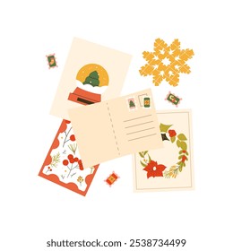 Composition of Christmas cards and stamps