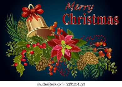 Composition of Christmas decor.Vector illustration with Christmas bell, fir branches and berries on a colored background with text.