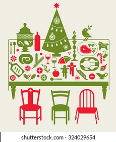 Composition with Christmas dinner table, festive food and Christmas tree.
