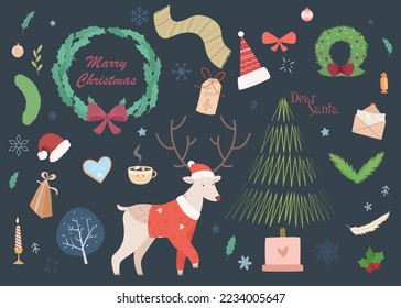 Composition of Christmas elements for the new year and holidays. Big design set vector stickers. Christmas tree, gingerbread, animals, Santa Claus, lollipops, Christmas decorations, gifts and coffee