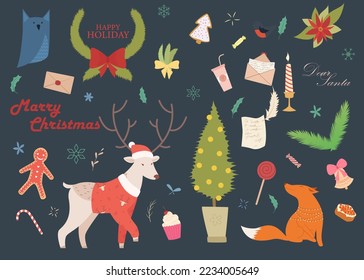 Composition of Christmas elements for the new year and holidays. Big design set vector stickers. Christmas tree, gingerbread, animals, Santa Claus, lollipops, Christmas decorations, gifts and coffee
