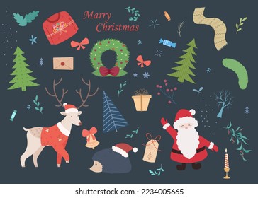 Composition of Christmas elements for the new year and holidays. Big design set vector stickers. Christmas tree, gingerbread, animals, Santa Claus, lollipops, Christmas decorations, gifts and coffee