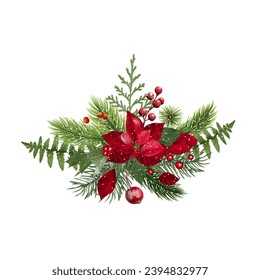 Composition with Christmas flower and holly. Isolate, vector illustration.