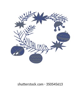 Composition  of Christmas motif, doodles, hole, spots,balls, stars, branches, twigs. Hand drawn.