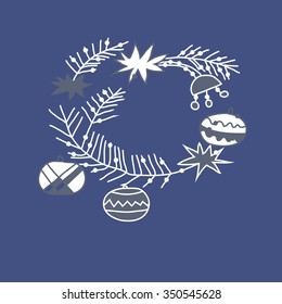 Composition  of Christmas motif, doodles, hole, spots,balls, stars, branches, twigs. Hand drawn.