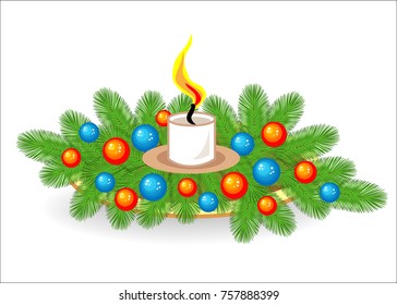 Composition of Christmas tree branches. Traditional symbol of the New Year. Creates a festive mood. Decorated with bright toys, balls and a burning candle. Vector illustration.