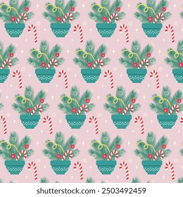 Composition of Christmas tree twigs, decorations, candy cane, snowflakes and stars Seamless pattern