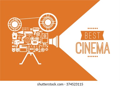 Composition with cinema decorative design elements. Cinema projector illustration for web, flyers, print design.