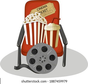 Composition of cinema objects, popcorn, cola, ticket, armcheir, film. Cartoon style vector illustration.