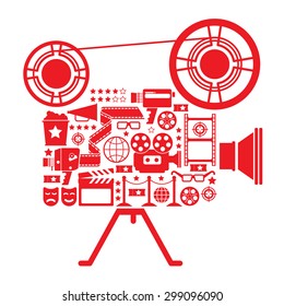 Composition with cinema symbols in a shape of filming camera.