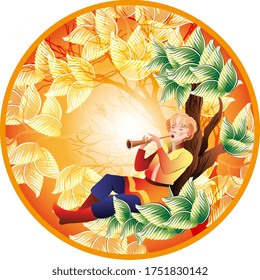 Composition in a circle with a boy playing a pipe near a tree on a warm background