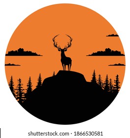 Composition of a circle an with elk staying on the top of the mountain with the forest and clouds behind him. Vector