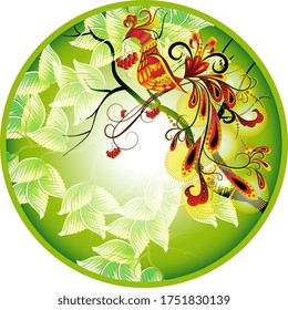 Composition in a circle with a fairy bird on a green background