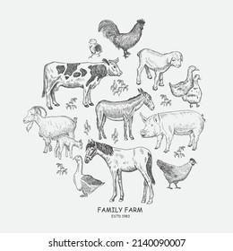 Composition in the circle with Farm Animals and birds. Vector sketches hand drawn illustration. Designed for shops of farm products, advertising banners, print on bags, packaging, wrapping paper.