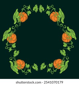 The composition is in a circle. Pumpkin with vine and leaves. Autumn flower arrangement . A hand-drawn flat drawing. Seasonal harvest of pumpkin crops. Vector illustration