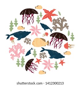 Composition in circle with sea animals. Fish, seaweed, starfish. Cartoon vector illustration in flat style