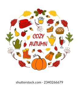 composition in a circle of warm clothes, food, twigs and leaves with the inscription cozy autumn - vector illustration, thanksgiving greeting card