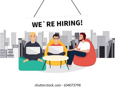 Composition with cityscape and a sign vacant. Flat design of Business hiring and recruiting concept. Vector illustration.