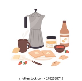 Composition of classical fresh tasty breakfast vector flat illustration. Coffee, croissant, toasts with butter, honey and jam, fresh strawberry isolated. Traditional morning food or brunch menu